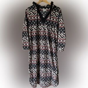 Anne Klein Black Pink Aztec Print Hooded Fleece Pullover Robe Gown Size S
